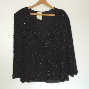 Joseph Ribkoff Gala Silk Blazer Top Large Black Bling V-Neck Lined Long Sleeve